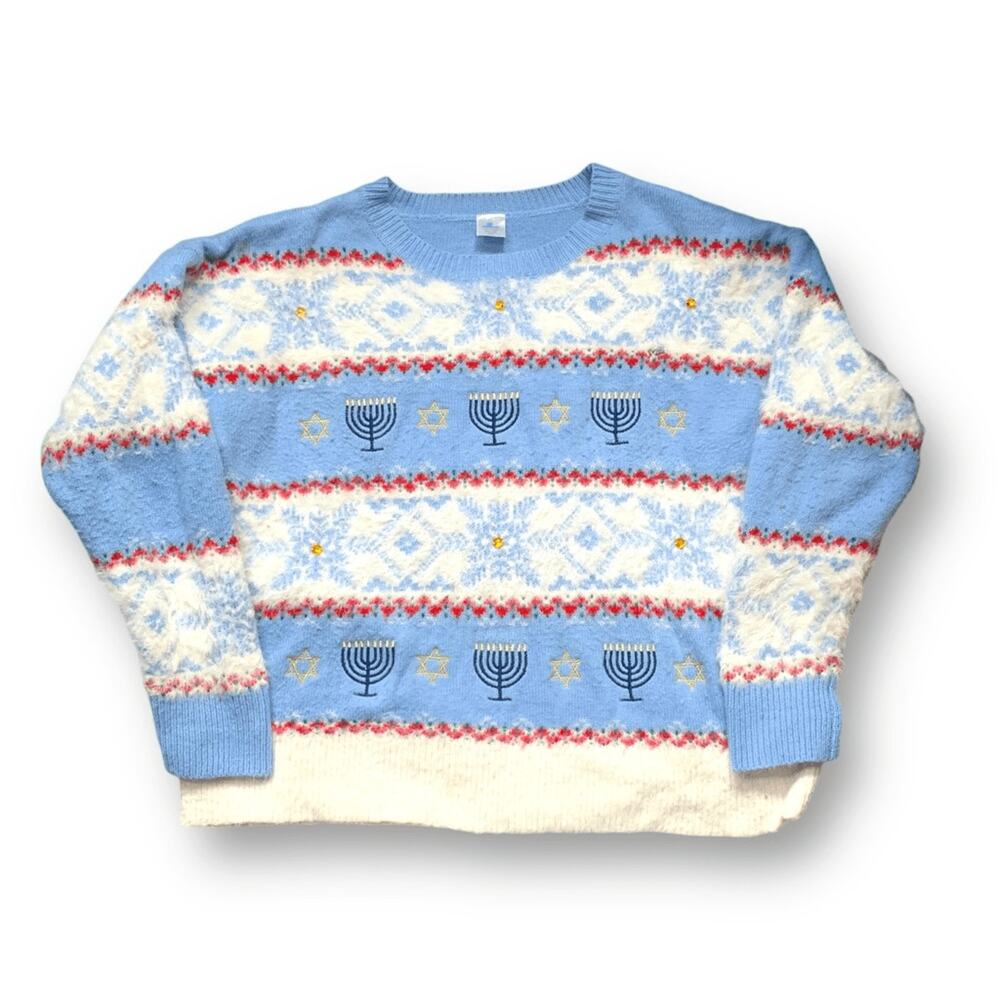 Celebrate Hanukkah  Crewneck Pastel Blue Knit Pullover Sweater Menorah Star XXL